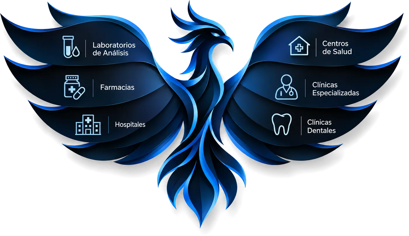 Fénix con los sectores con los que trabajamos: laboratorios de análisis, farmacias, hospitales, centros de salud, clínicas especializadas y clínicas dentales